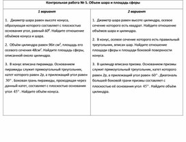 Обложка для материала Контрольная работа № 5. Объем шара и площадь сферы