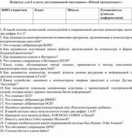 Вопросы для 5 класса дистанционной викторины «Юный программист»