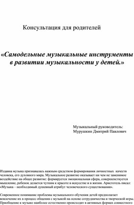 Обложка для материала «Самодельные музыкальные инструменты в развитии музыкальности у детей.»