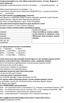 Контрольная работа по теме «Имя существительное». 6 класс.