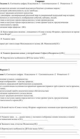 Проверочная работа (входной контроль) по литературе .10 класс Литература