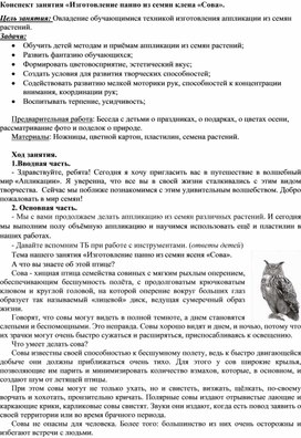 Обложка для материала Конспект занятия «Изготовление панно из семян клена «Сова».