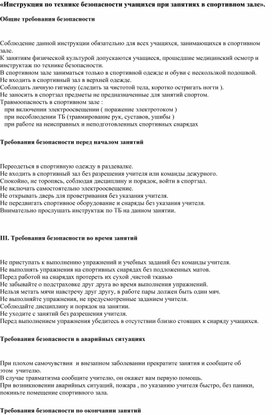 «Инструкция по технике безопасности учащихся при занятиях в спортивном зале».