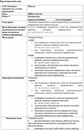 Обложка для материала 15. Линейное неравенство Краткосрочный план