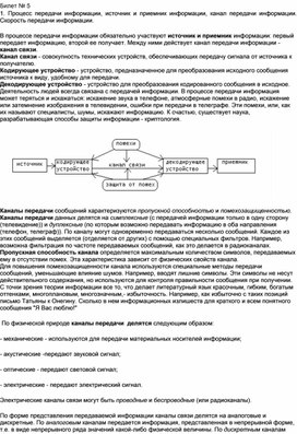Обложка для материала Билет № 5 1. Процесс передачи информации, источник и приемник информации, канал передачи информации. Скорость передачи информации.