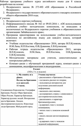 Адаптированная рабочая программа по английскому языку для 8 класса (УМК Кузовлев)