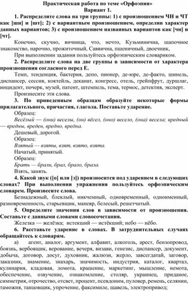 Практическая работа по теме "Орфоэпия". Вариант 1