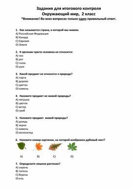 Задания для итогового контроля окружающий мир 2 класс