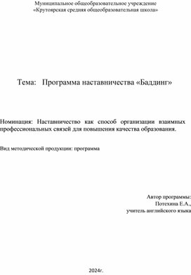 Обложка для материала Материал для районной методической выставки "Программа наставничества "Баддинг"