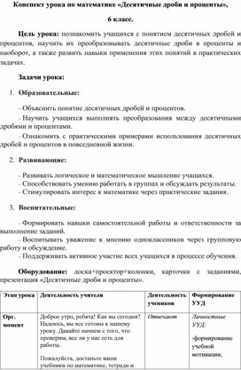 Обложка для материала Конспект "Десятичные дроби и проценты"