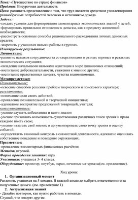 Обложка для материала Конспект урока финансовой грамотности/внеурочного занятия по теме "Путешествие в страну финансов"