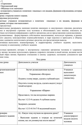 Конспект урока по окружающему миру по теме "Мышцы и их значение" 3 класс