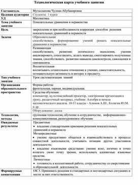 Технологическая карта урока по теме "Показательные уравнения"