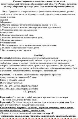 Конспект образовательной деятельности для детей  подготовительной группы по образовательной области «Речевое развитие»  на тему: «Звуковая культура речи. Подготовка к обучению грамоте».