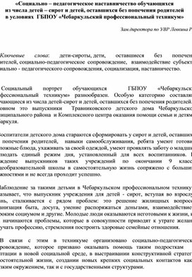 «Социально – педагогическое наставничество обучающихся из числа детей – сирот и детей, оставшихся без попечения родителей в условиях  ГБПОУ «Чебаркульский профессиональный техникум»