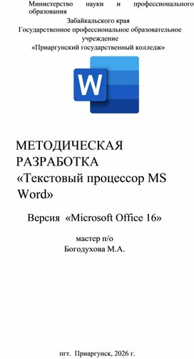 Обложка для материала Методическая разработка «Текстовый процессор MS Word»