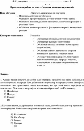 Проверочная работа по химии на тему "Скорость химических реакций"