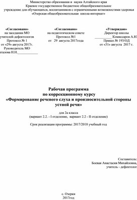 Обложка для материала Рабочая программа по формированию речевого слуха и произносительной стороны речи 2-ой класс