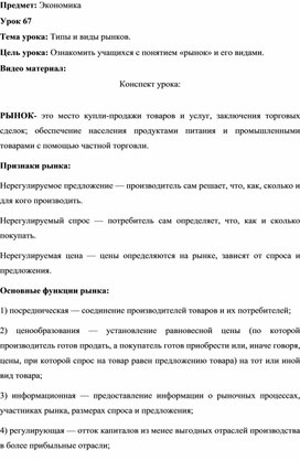 Тема урока: Типы и виды рынков.