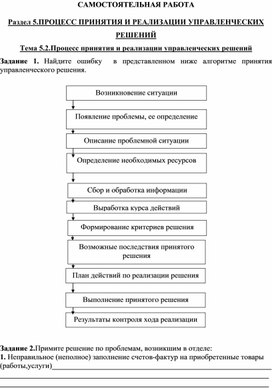 Обложка для материала САМОСТОЯТЕЛЬНАЯ РАБОТА   Раздел 5.ПРОЦЕСС ПРИНЯТИЯ И РЕАЛИЗАЦИИ УПРАВЛЕНЧЕСКИХ РЕШЕНИЙ Тема 5.2.Процесс принятия и реализации управленческих решений