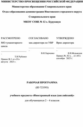 РАБОЧАЯ ПРОГРАММА (ID 723393)  учебного предмета «Иностранный язык (английский)» для обучающихся 2 – 4 классов