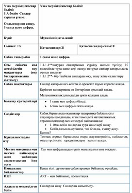 Сандар мен цифрлар. 1саны мен цифры. ҚЫСҚА МЕРЗІМДІ ЖОСПАР