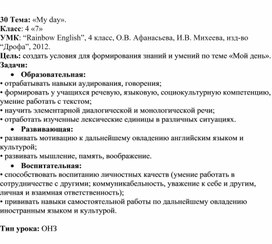 УРОК АНГЛИЙСКОГО ЯЗЫКА Тема: «My day». Класс: 4 «7»