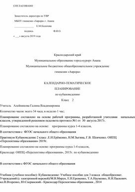 Каленарно-тематическое планирование по кубановедению во 2 классе УМК "Школа России"