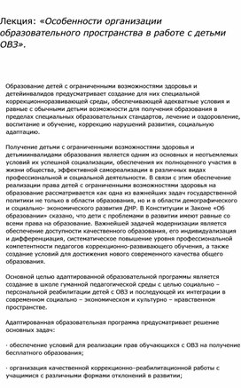 «Особенности организации образовательного пространства в работе с детьми ОВЗ».