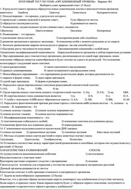 Итоговая контрольная работа по теме "Организменный уровень" 9 класс