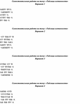 Самостоятельная работа по информатике "Таблицы истинности", 8 класс
