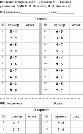 Входящий контроль для 5 – 7 классов № 1. Таблица умножения.