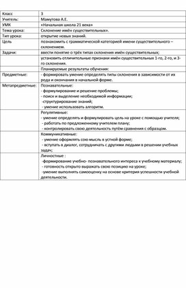 Урок русского языка 3 класс тема  "Склонение имён существительных"