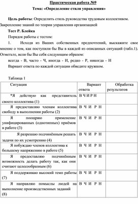 Практическая работа №9 Тема: «Определение стиля управления»