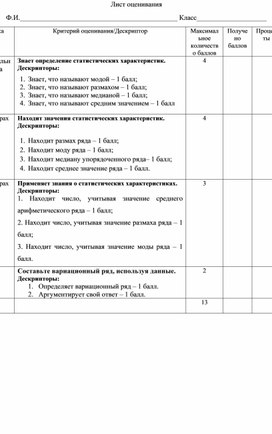 Обложка для материала Математика_7 класс_Элементы статистики_Вариационный ряд_Лист оценивания (1)