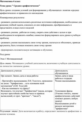 Обложка для материала Конспект урока. Математика 4 класс. Тема урока "Среднее арифметическое"