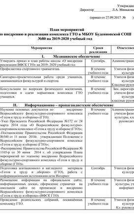 План мероприятий по внедрению и реализации комплекса ГТО в МБОУ Буденновской СОШ №80 на 2019-2020 учебный год