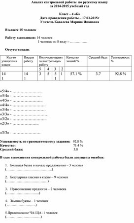 Анализ контрольной работы по русскому языку в 4 классе за 3 четверть