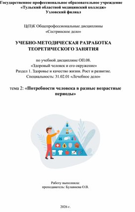 Обложка для материала УЧЕБНО-МЕТОДИЧЕСКАЯ РАЗРАБОТКА  ТЕОРЕТИЧЕСКОГО ЗАНЯТИЯ«Потребности человека в разные возрастные периоды»