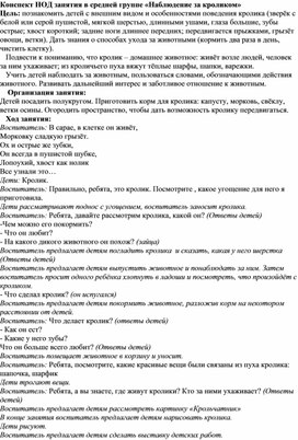 Конспект НОД, занятие в средней группе "Наблюдение за кроликом".