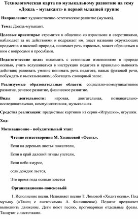 Технологическая карта по музыкальному развитию на тему «Дождь - музыкант» в первой младшей группе