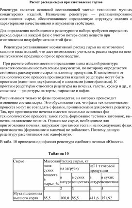 Расчет расхода сырья при изготовлении тортов