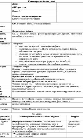 Обложка для материала Строение атома, атомные явления. Явление фотоэффекта. План урока.
