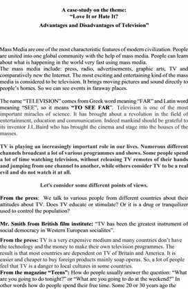 A case-study on the theme: “Love It or Hate It? Advantages and Disadvantages of Television”