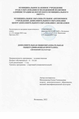 Обложка для материала Дополнительная общеразвивающая программа Домашний скульптор