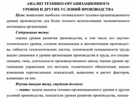 АНАЛИЗ ТЕХНИКО-ОРГАНИЗАЦИОННОГО УРОВНЯ И ДРУГИХ УСЛОВИЙ ПРОИЗВОДСТВА