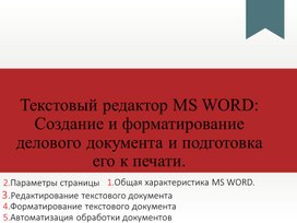 Текстовый редактор MS WORD Создание и форматирование делового документа и подготовка его к печати