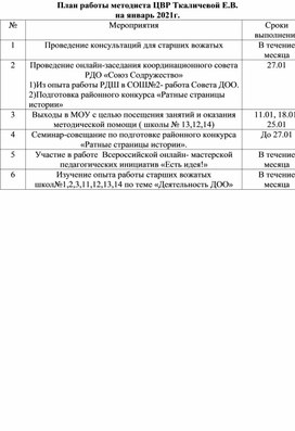 План работы методиста ЦВР Ткаличевой Е.В. на январь 2021г.