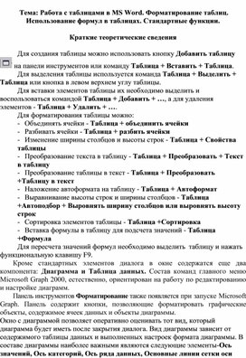 Обложка для материала Тема: Работа с таблицами в MS Word. Форматирование таблиц. Использование формул в таблицах. Стандартные функции