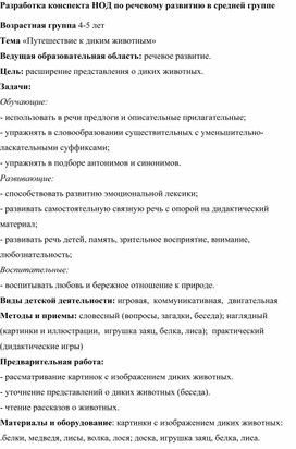 Разработка конспекта НОД по речевому развитию в средней группе  Возрастная группа 4-5 лет Тема «Путешествие к диким животным»